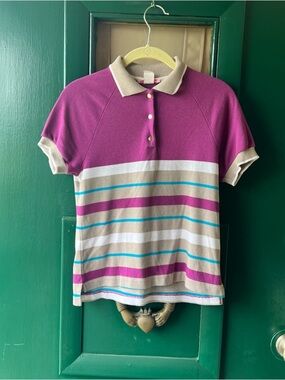 Girls' Short-Sleeve Striped Polo Shirt in Magenta and Beige